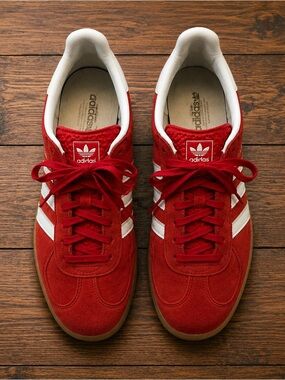 Size 13 Adidas gazelle‘s suede  Red Suede Sneakers with White Stripes